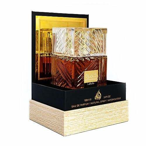 Lattafa Khamrah perfume box with black and gold design