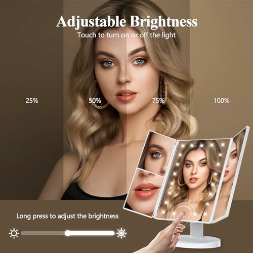 Woman using adjustable brightness makeup mirror with touch controls.