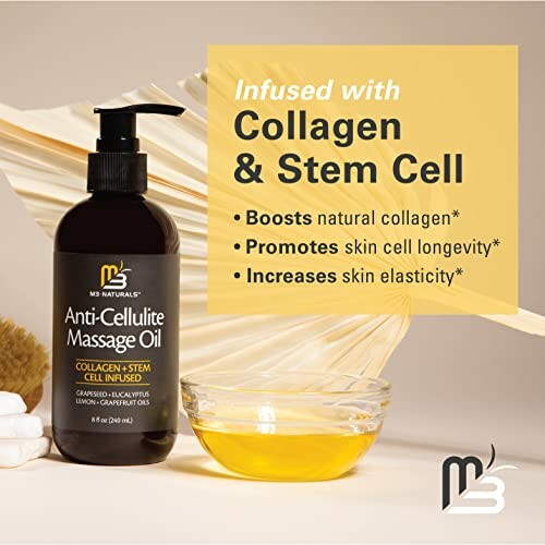 Anti-cellulite massage oil bottle with collagen and stem cell benefits