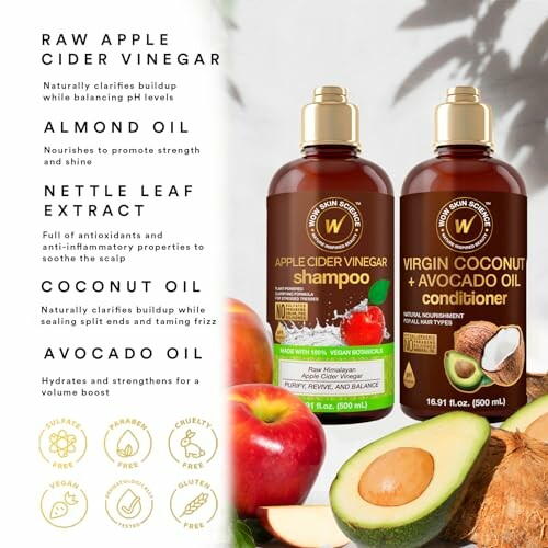 Apple cider vinegar shampoo and coconut avocado conditioner bottles with ingredients.