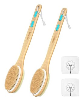 Two bamboo body brushes with hooks.