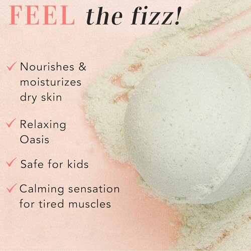 Bath bomb with benefits listed: nourishes skin, relaxing, safe for kids, calming.