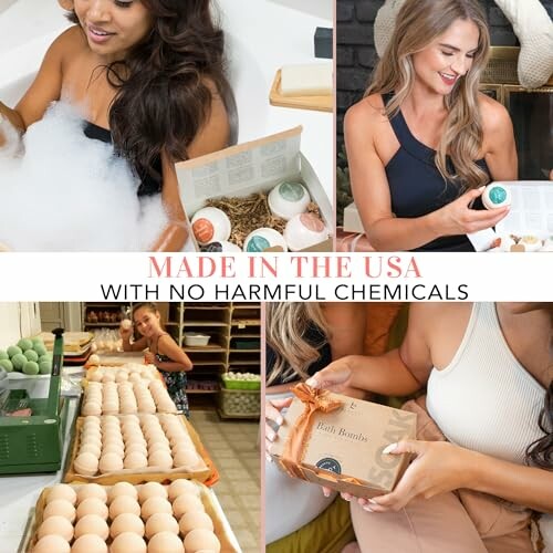 People enjoying and displaying bath bombs made in the USA without harmful chemicals.