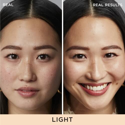 Side-by-side comparison of a woman's face before and after makeup application, labeled 'Real' and 'Real Results'.