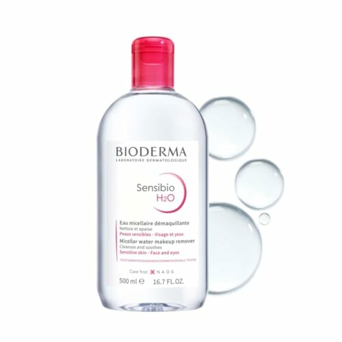 Bioderma Sensibio H2O Micellar Water bottle with water droplets.