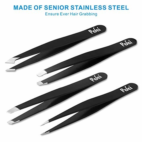 Four black stainless steel tweezers with text 'Made of Senior Stainless Steel'.