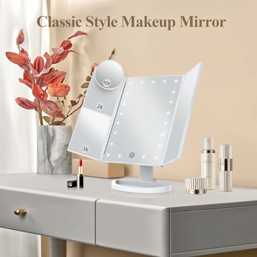 Classic style makeup mirror with LED lights and magnifying sections on a vanity.