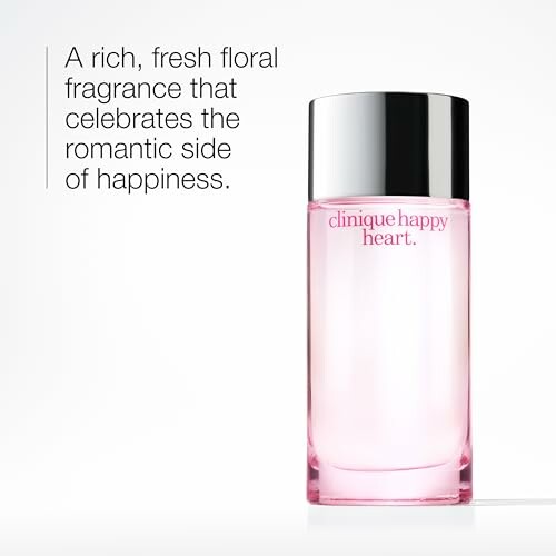 Clinique Happy Heart fragrance bottle with text about fresh floral scent.