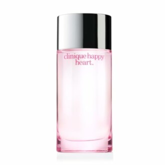 Clinique Happy Heart perfume bottle with pink liquid and silver cap.