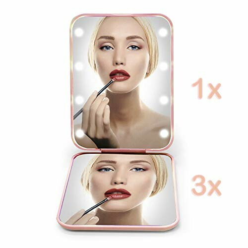 Compact mirror with LED lights showing 1x and 3x magnification.