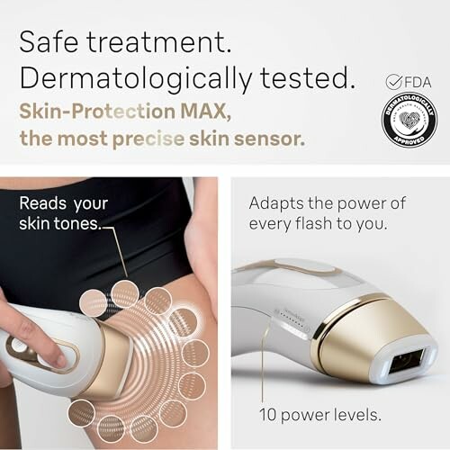 Device with skin sensor and adjustable power levels for safe treatment.