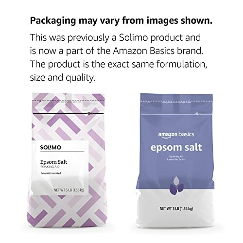 Comparison of Solimo and Amazon Basics Epsom Salt packaging.