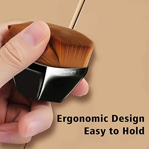 Hand holding an ergonomic makeup brush with text 'Ergonomic Design Easy to Hold'.