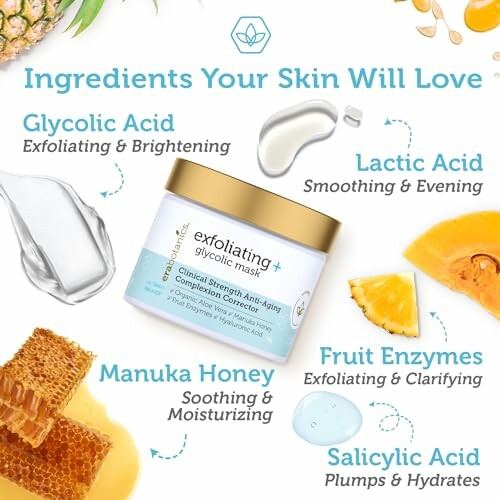 Image showing exfoliating mask ingredients including glycolic acid, lactic acid, manuka honey, fruit enzymes, and salicylic acid.