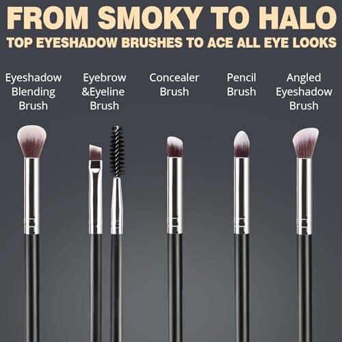 Set of makeup brushes for different eye looks including eyeshadow blending, eyebrow and eyeliner, concealer, pencil, and angled eyeshadow brushes.