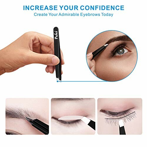 Hand using tweezers to shape eyebrows with close-up images of eyebrow grooming.