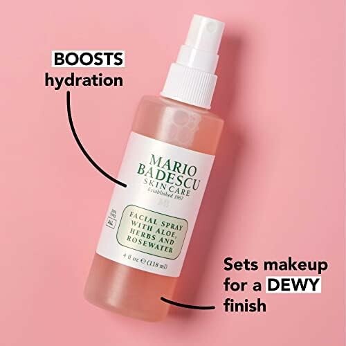 Facial spray bottle with text highlighting benefits of hydration and dewy finish.