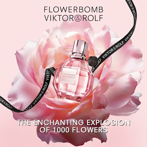 Flowerbomb Viktor&Rolf perfume bottle on a pink flower background.