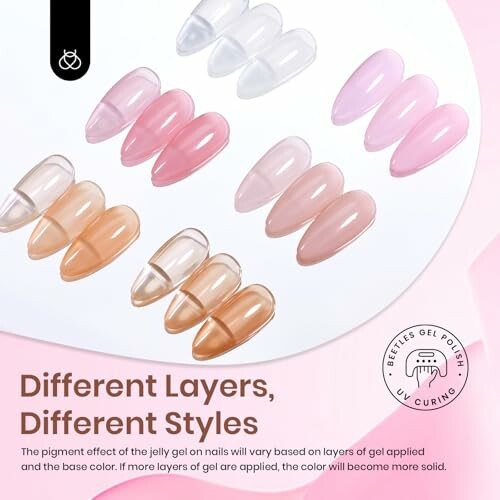 Various shades of gel nail polish showcasing different layers and styles.