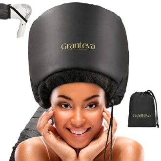 Woman using Granteva hair dryer cap attachment.