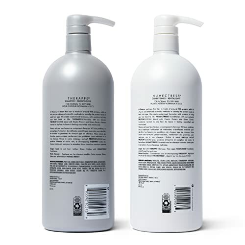 Two hair care product bottles with pump dispensers showing product information and barcodes.