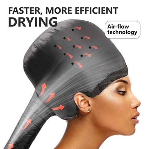 Woman using a hair dryer bonnet attachment for faster drying with air-flow technology.