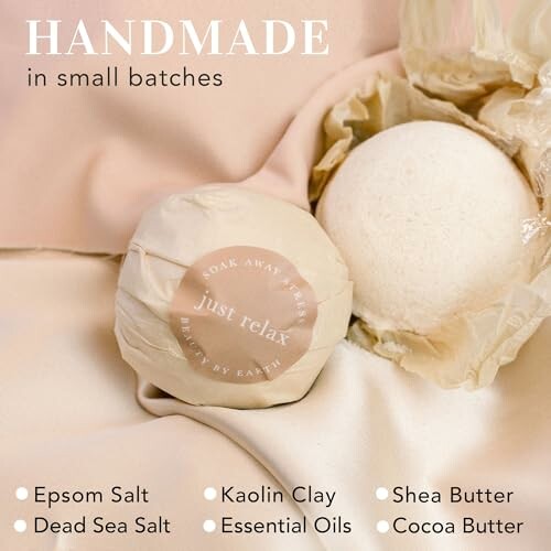 Handmade bath bombs with natural ingredients like Epsom salt and shea butter.