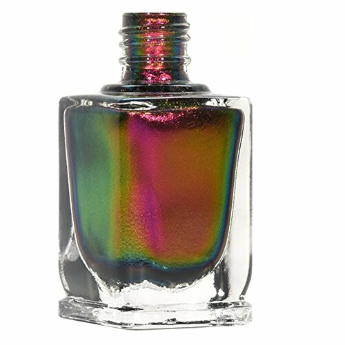 Iridescent nail polish in a clear square bottle.