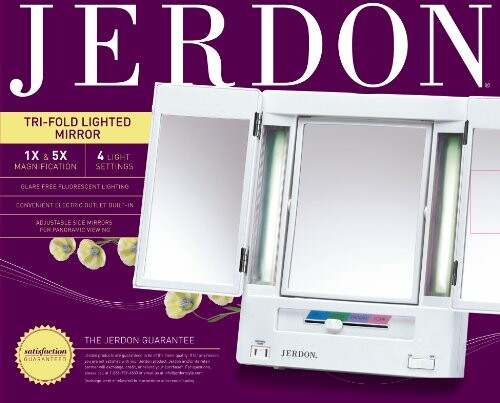 Jerdon tri-fold lighted mirror with magnification and light settings.