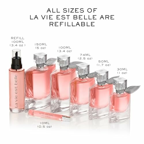 Various sizes of La Vie Est Belle perfume bottles labeled with refillable options.