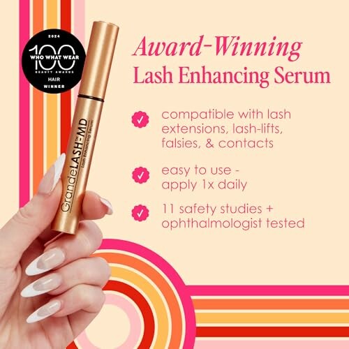 Award-winning lash enhancing serum with benefits and usage details.