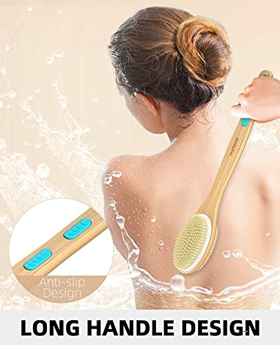 Person using a long-handled bath brush with anti-slip design.