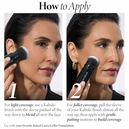 Guide on applying makeup with a Kabuki brush for light and fuller coverage.