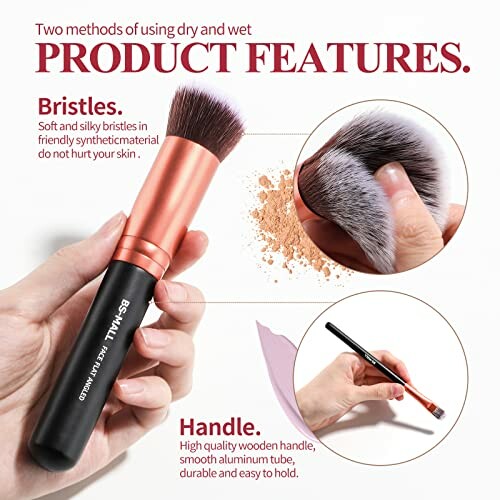 Makeup brush with soft synthetic bristles and wooden handle.