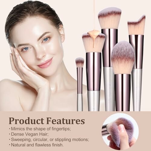 Woman with makeup brush set and product features