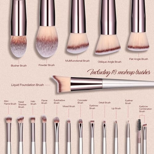 A set of 18 makeup brushes with various shapes and sizes.