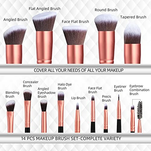 14-piece makeup brush set with various brush types