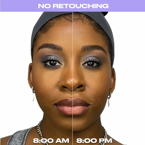 Comparison of makeup durability from 8 AM to 8 PM on a woman's face with no retouching.