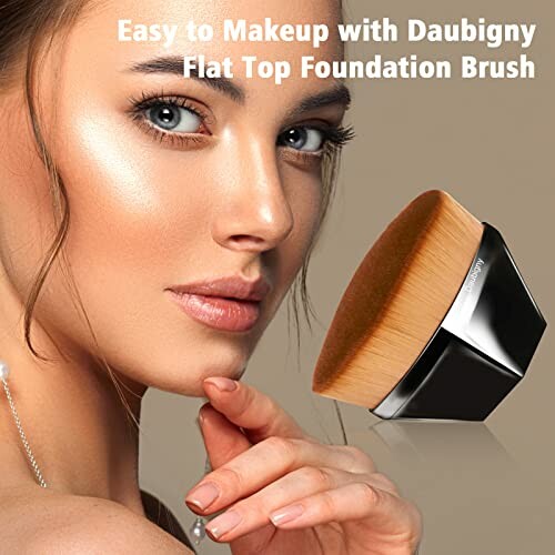 Woman holding Daubigny flat top foundation brush for easy makeup application.