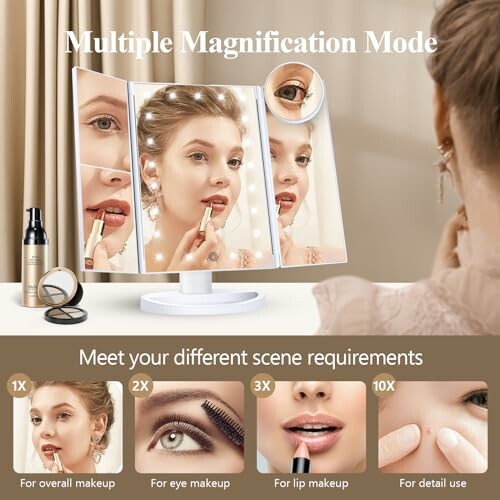 Mirror with multiple magnification modes for makeup application.