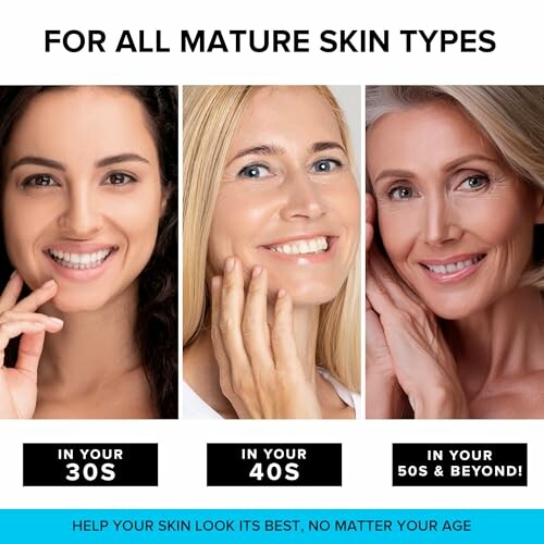 Three women with different age labels for mature skin care.