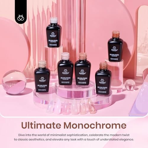 Skincare bottles on acrylic stands with pink and beige background.