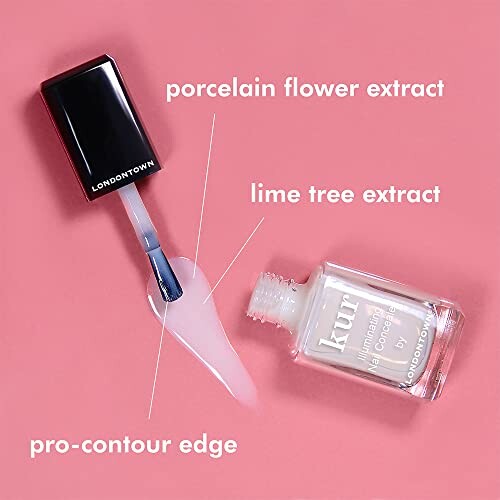 Open nail polish bottle with brush, showing features like porcelain flower extract and lime tree extract.