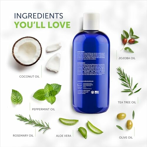 Shampoo bottle with natural ingredients like coconut, jojoba, peppermint, tea tree, rosemary, aloe vera, and olive oil.