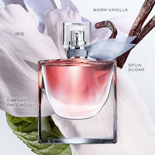 Perfume bottle with notes of iris, warm vanilla, spun sugar, earthy patchouli.