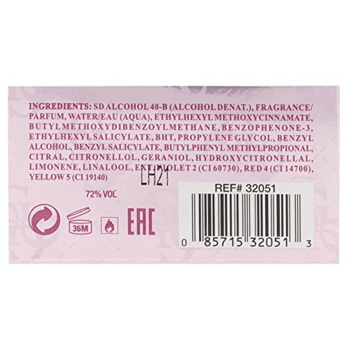 Perfume ingredients list with barcode and product details.