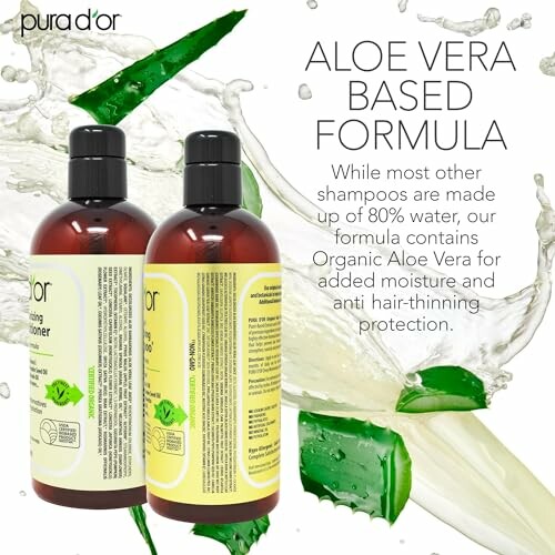 PURA D'OR Aloe Vera based formula shampoo bottles with aloe and liquid splash background.