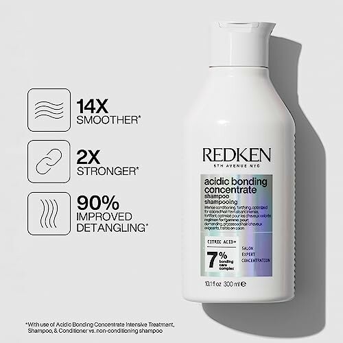 Redken Acidic Bonding Concentrate Shampoo with benefits of smoother, stronger hair and improved detangling.