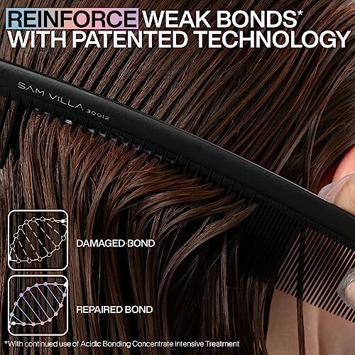 Hair being combed with text about reinforcing weak bonds using patented technology.