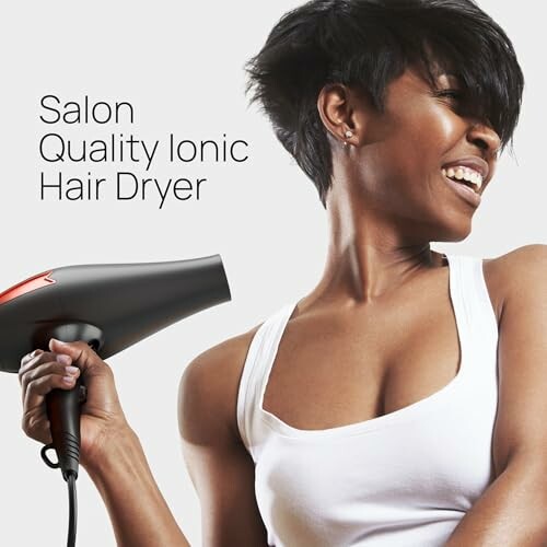 Person smiling while holding a hair dryer, text reads 'Salon Quality Ionic Hair Dryer'